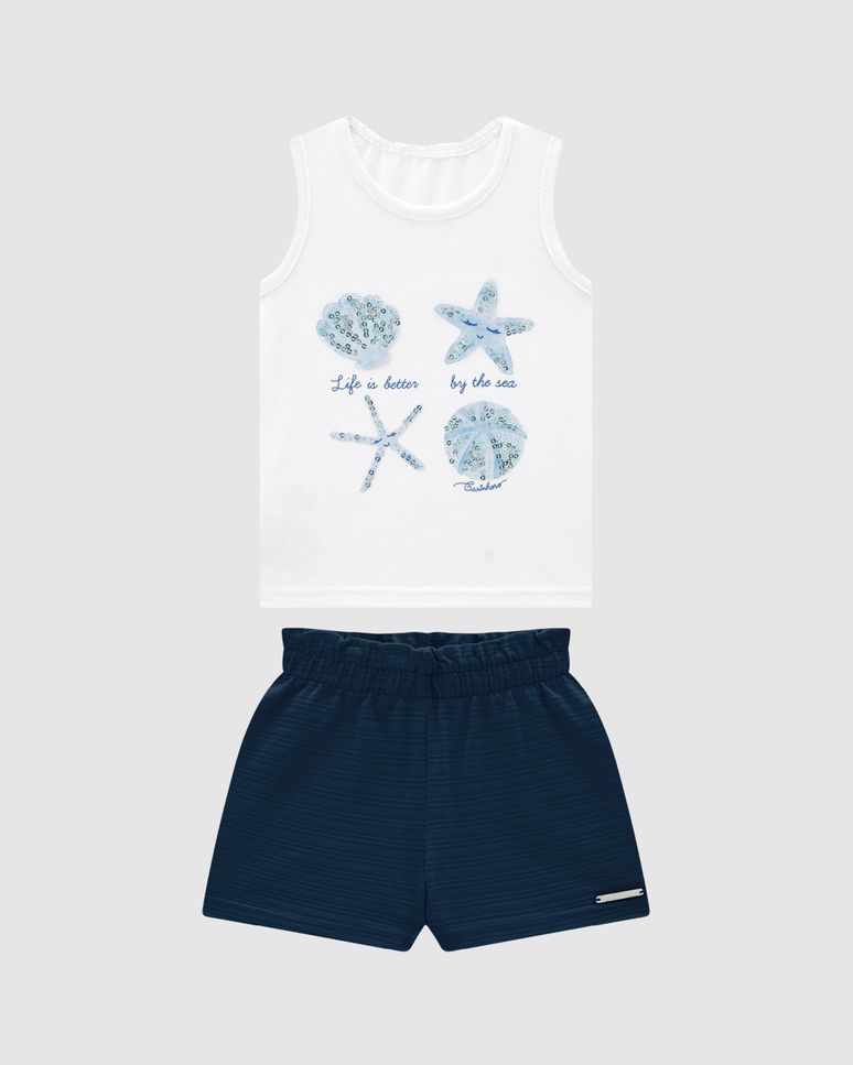 Conjunto Menina Regata Life Is Better By The Sea Em Algodão - Carinhoso