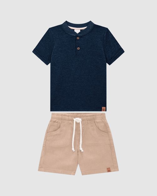 Conjunto Menino Camiseta Peitilho Frontal Em Malha Mesclada - Carinhoso