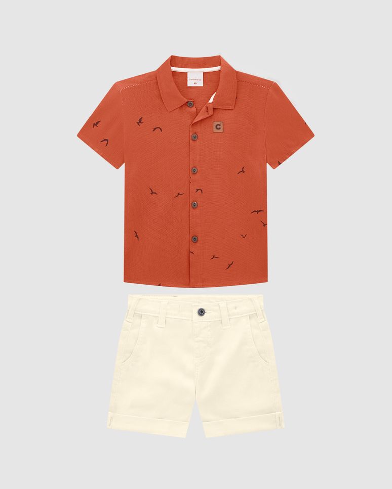 Conjunto Menino Camisa Manga Curta Em Viscolinho Texturizado - Carinhoso