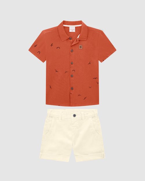 Conjunto Menino Camisa Manga Curta Em Viscolinho Texturizado - Carinhoso