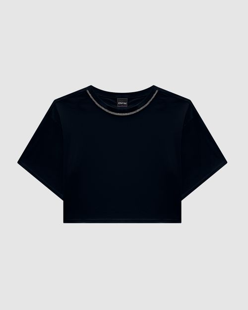 T-Shirt Cropped Feminina Gola Com Strass Em Algodão - ENFIM