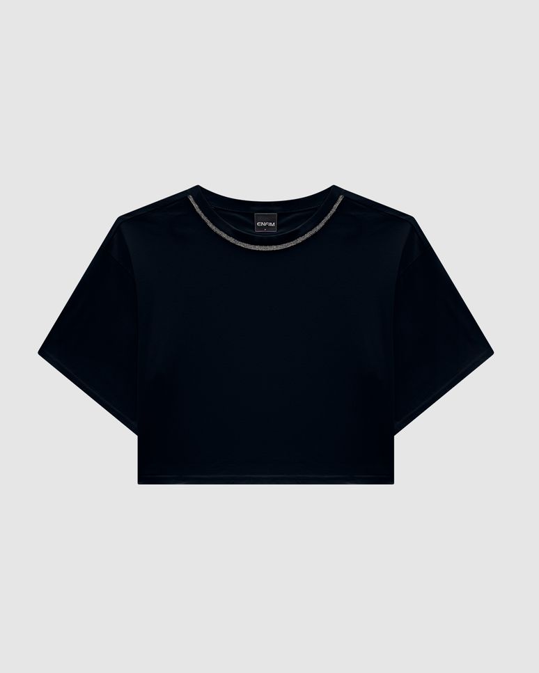 T-Shirt Cropped Feminina Gola Com Strass Em Algodão - ENFIM