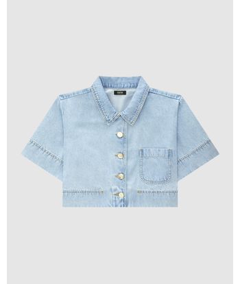 Camisa Cropped Feminina Bolso Único Frontal Em Jeans - ENFIM