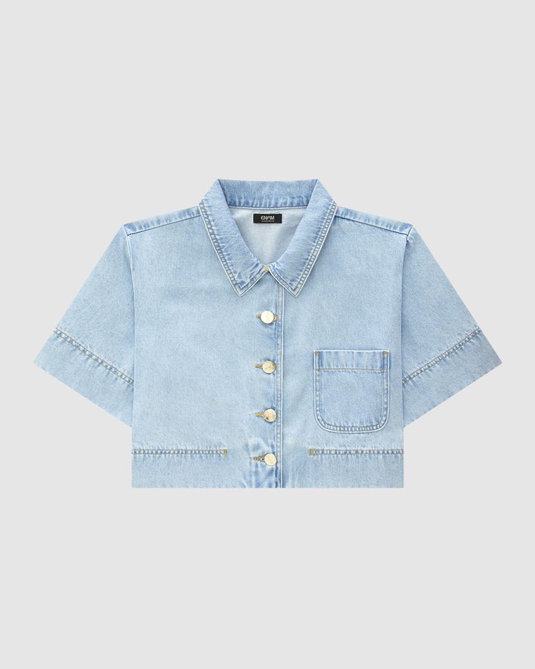 Camisa Cropped Feminina Bolso Único Frontal Em Jeans - ENFIM