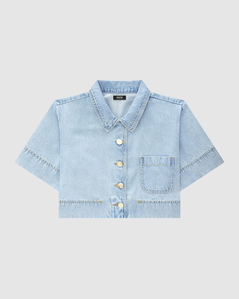 Camisa Cropped Feminina Bolso Único Frontal Em Jeans - ENFIM