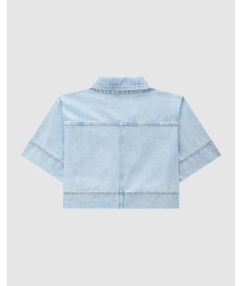 Camisa Cropped Feminina Bolso Único Frontal Em Jeans - ENFIM