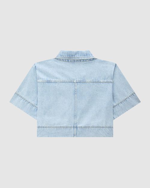Camisa Cropped Feminina Bolso Único Frontal Em Jeans - ENFIM