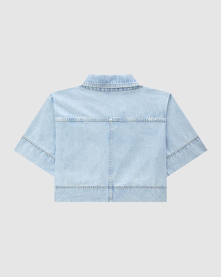 Camisa Cropped Feminina Bolso Único Frontal Em Jeans - ENFIM