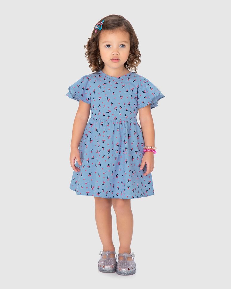 Vestido Infantil Estampa Cerejas Em Algodão Chambray Malwee Kids