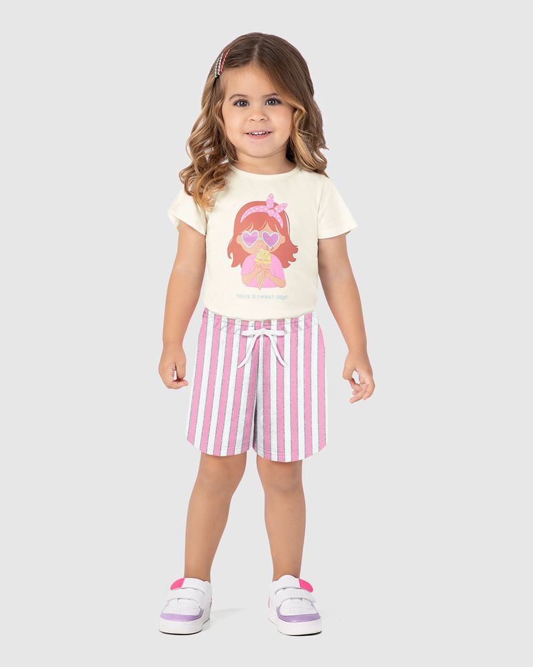 Conjunto Infantil Menina Shorts Em Malha Listrada Lurex Malwee Kids