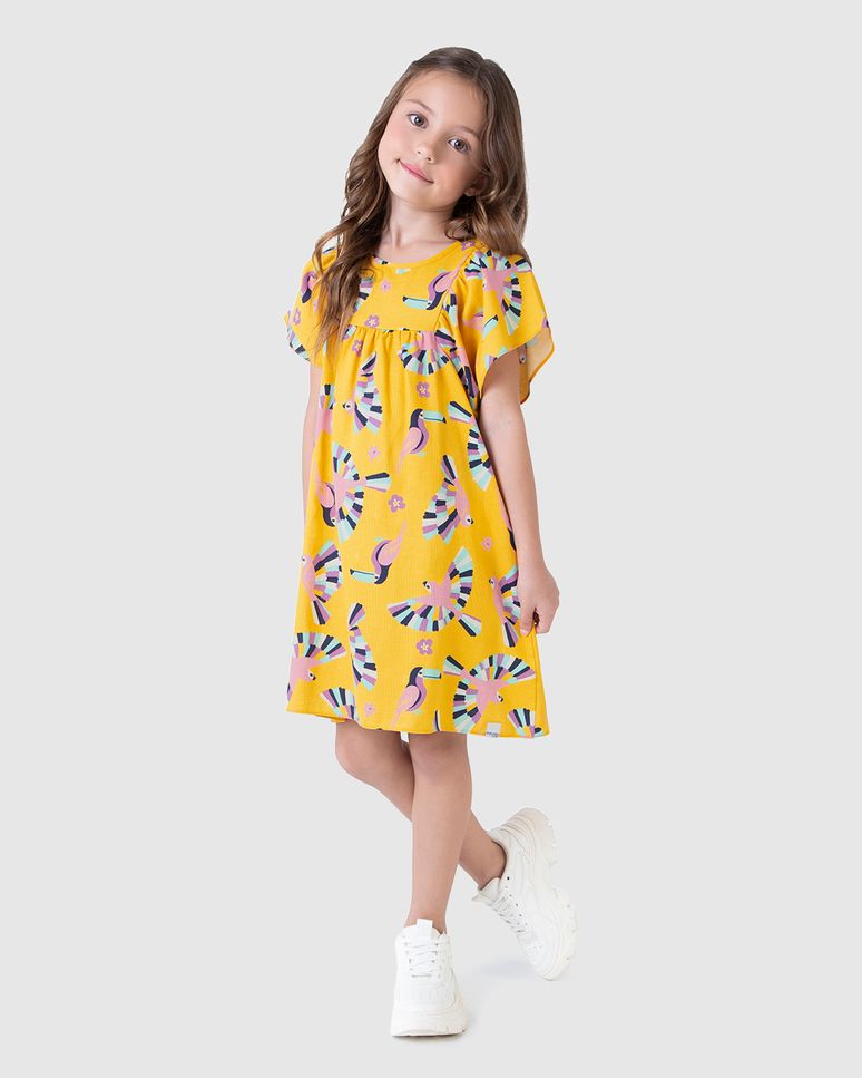 Vestido Infantil Estampa Pássaros Em Tecido Texturizado Malwee Kids