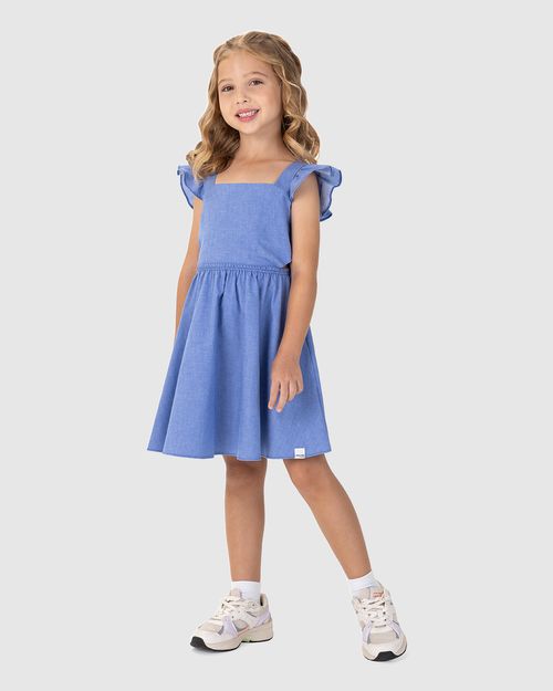 Vestido Infantil Rodado Alça Babado Em Algodão Chambray Malwee Kids