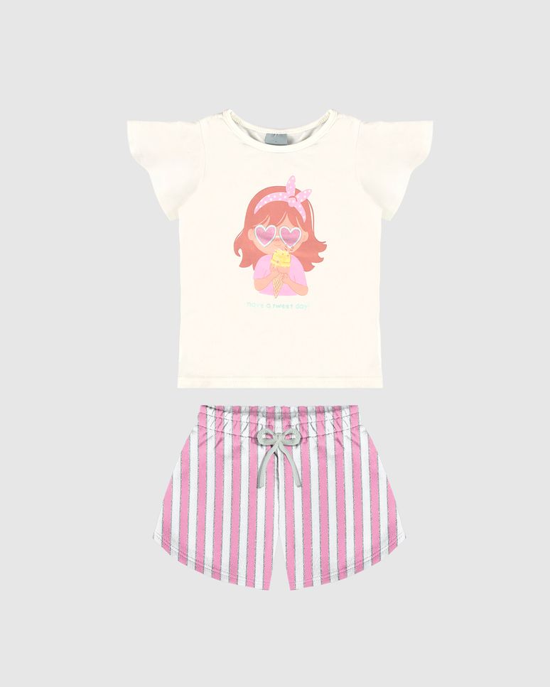Conjunto Infantil Menina Shorts Em Malha Listrada Lurex Malwee Kids