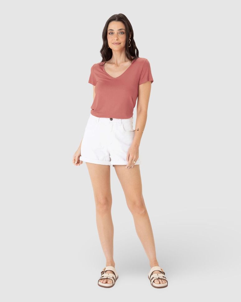 Blusa Básica Feminina Mullet Decote V Em Viscose Stretch