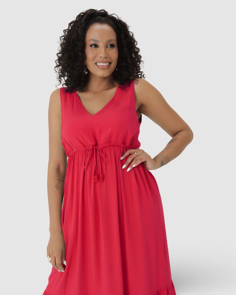 Vestido Midi Feminino Evasê Amarração Funcional Em Viscose