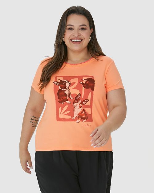 Camiseta Feminina Plus Size Estampa Cachorro Em Viscose Stretch