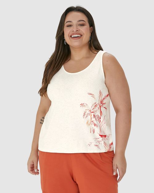 Regata Feminina Plus Size Estampa Localizada Em Malha Viscolinho Stretch