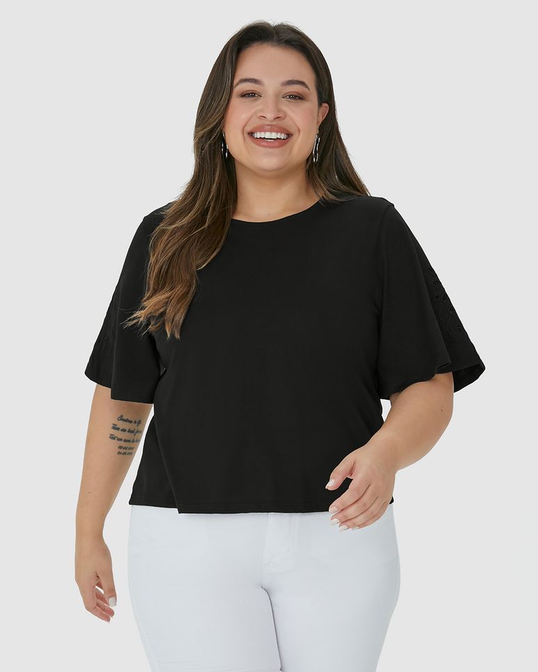 Blusa Feminina Plus Size Bordado Na Manga Em Algodão