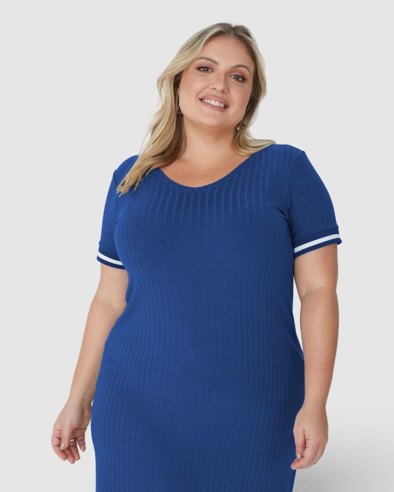 Vestido Feminino Plus Size Reto Manga Retilínea Em Canelado De Viscose
