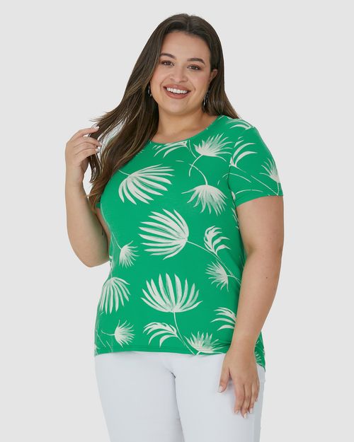 Blusa Feminina Plus Size Manga Curta Folhagem Em Viscose Stretch