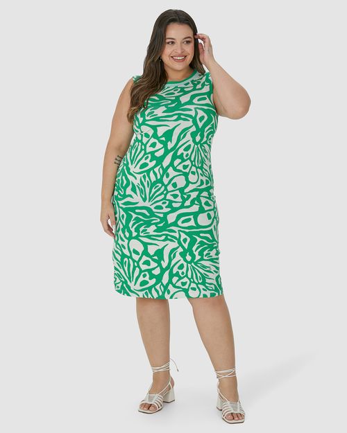 Vestido Feminino Plus Size Gola Retilínea Estampado Em Viscose Stretch