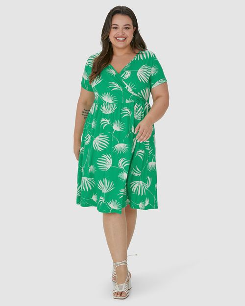 Vestido Feminino Plus Size Transpassado Folhagem Em Viscose Stretch