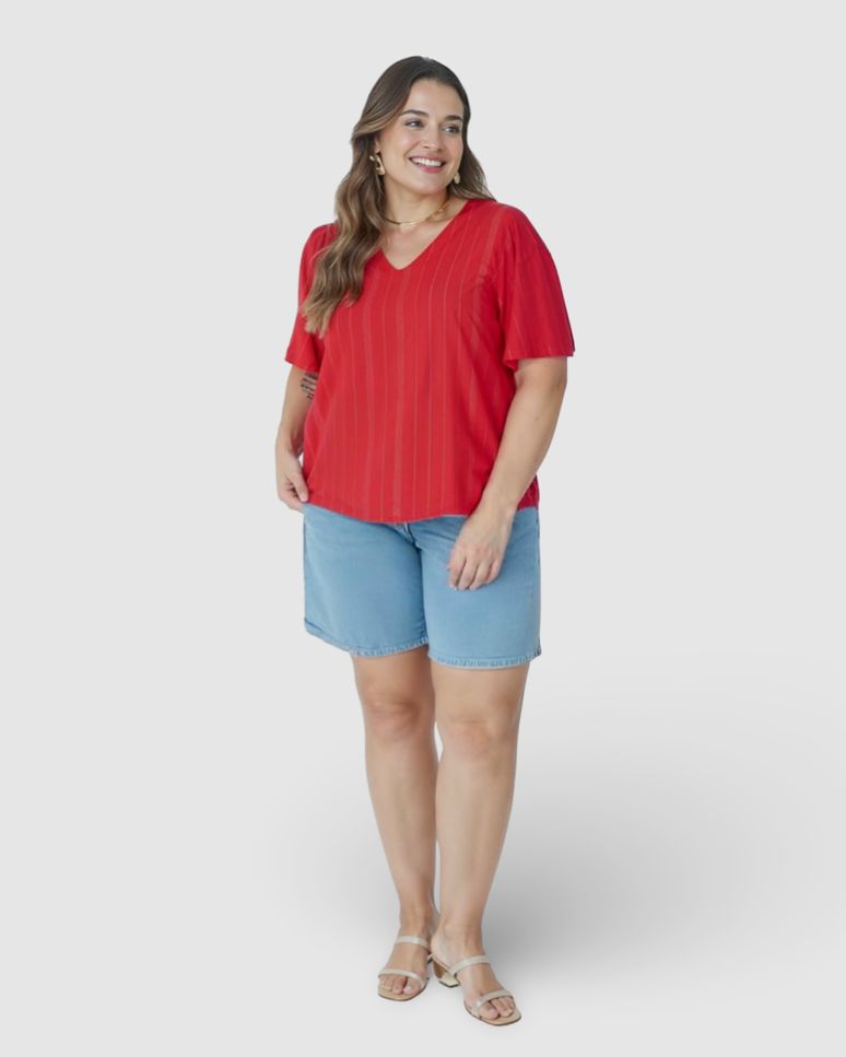 Blusa Feminina Plus Size Decote V Em Viscose Lurex