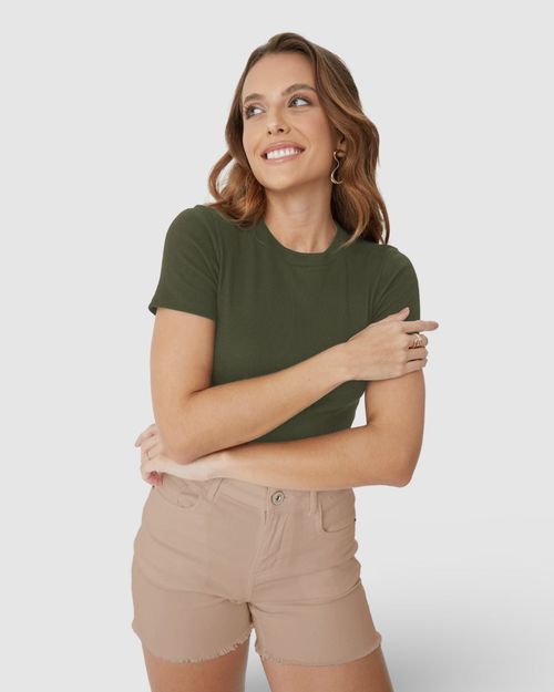 Blusa Básica Feminina Decote Redondo Em Ribana