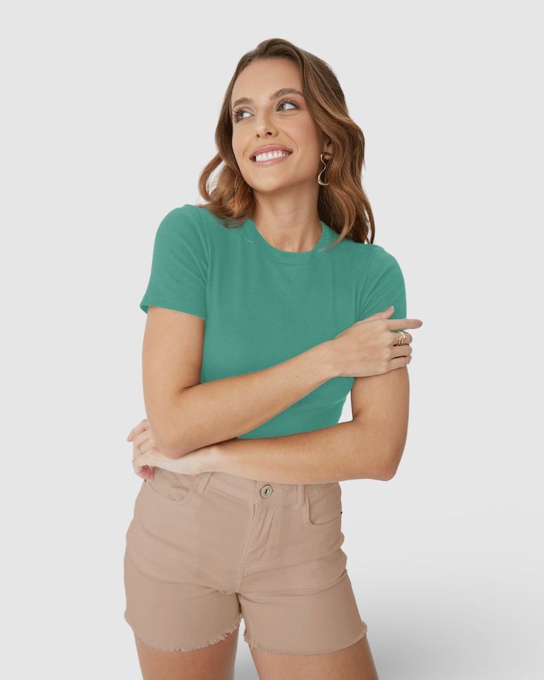 Blusa Básica Feminina Decote Redondo Em Ribana