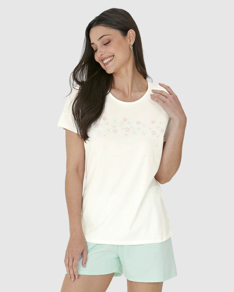 Pijama Feminino Blusa Estampa Flores Em Algodão