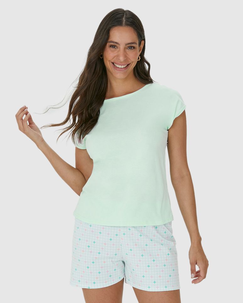 Pijama Feminino Shorts Estampado Cós Elástico Em Algodão