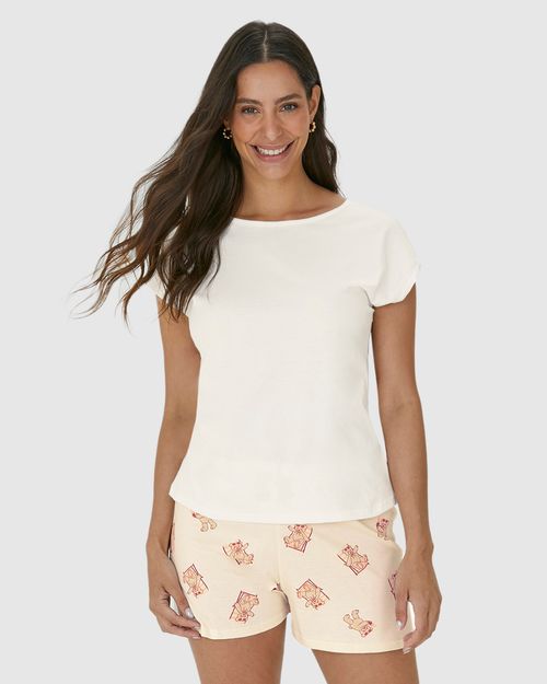 Pijama Feminino Shorts Estampado Cós Elástico Em Algodão
