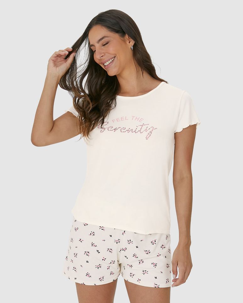 Pijama Feminino Shorts Estampada Com Cadarço Em Viscose Stretch
