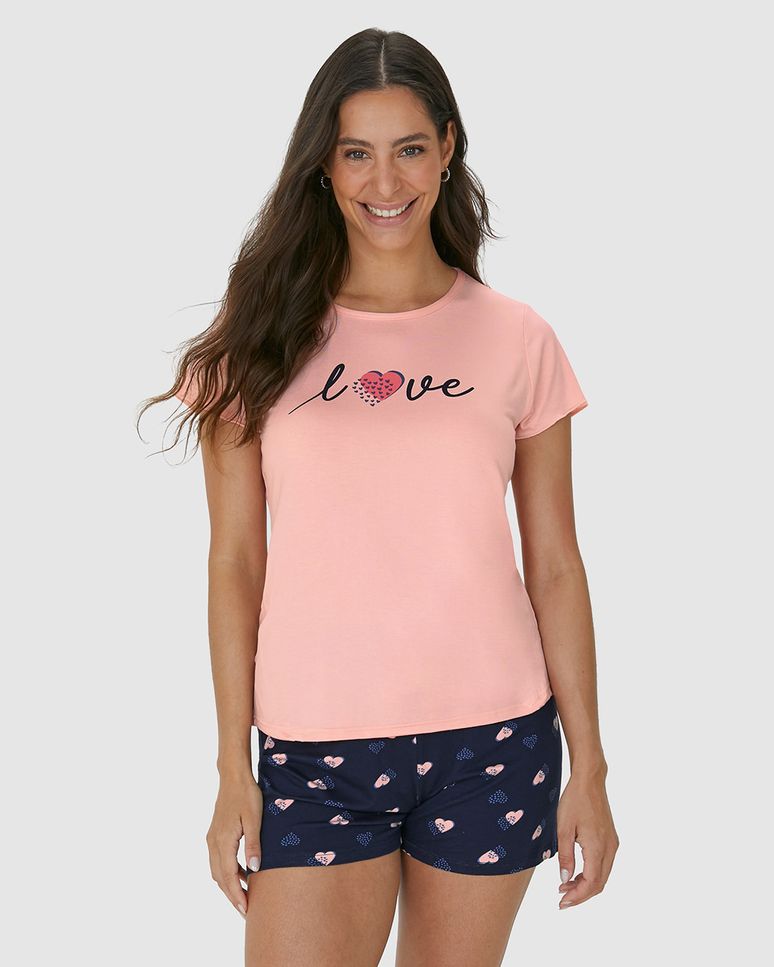 Pijama Feminino Shorts Estampada Com Cadarço Em Viscose Stretch