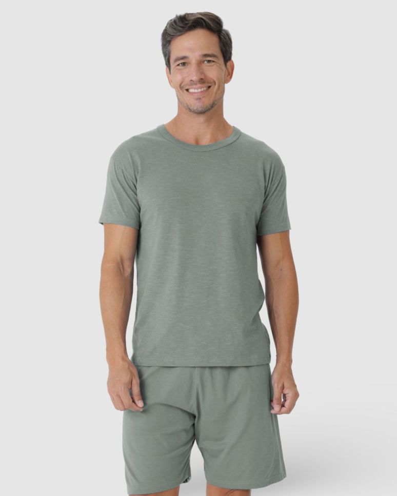 Pijama Masculino Camiseta Em Malha Listrada Eco