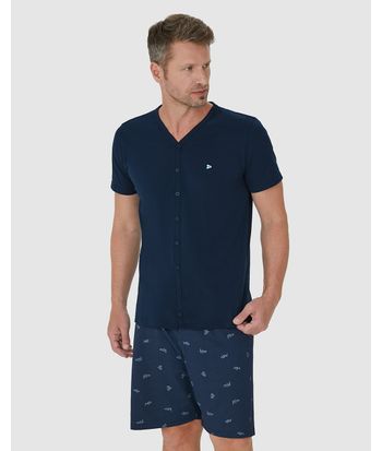Pijama Masculino Camiseta Abotoamento Frontal Em Algodão