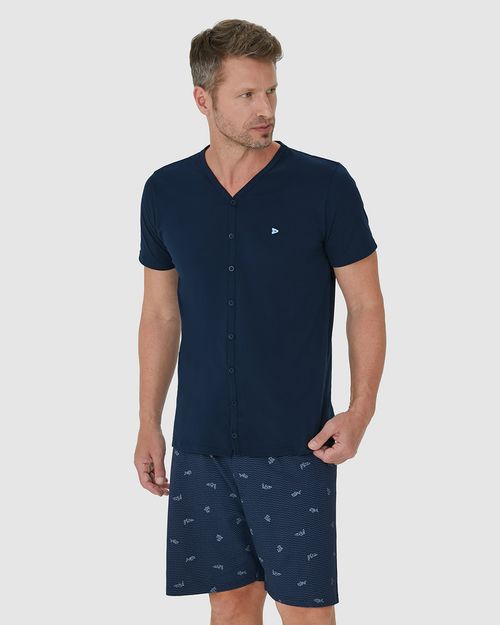 Pijama Masculino Camiseta Abotoamento Frontal Em Algodão