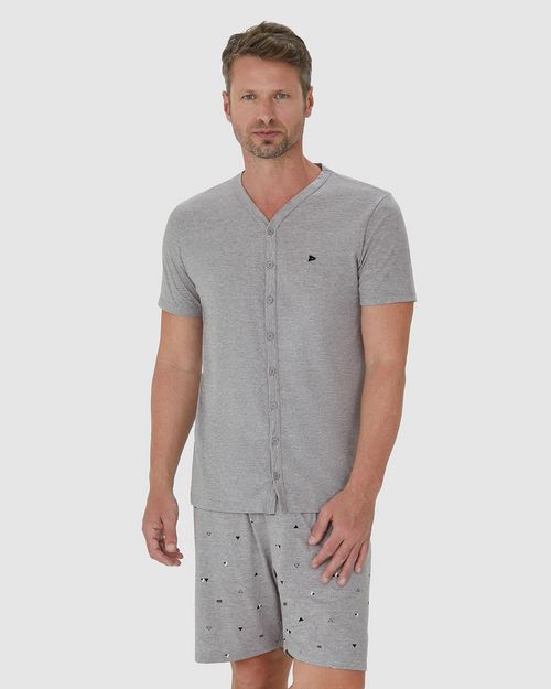 Pijama Masculino Camiseta Abotoamento Frontal Em Algodão