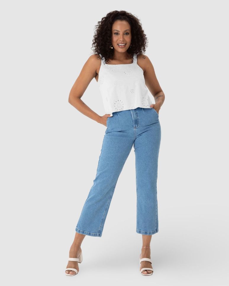 Regata Cropped Feminina Decote Reto Em Laise Algodão
