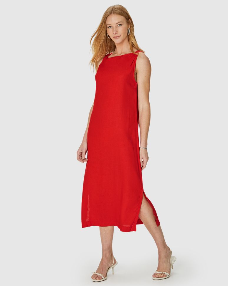 Vestido Reto Feminino Torção No Ombro Em Viscolinho