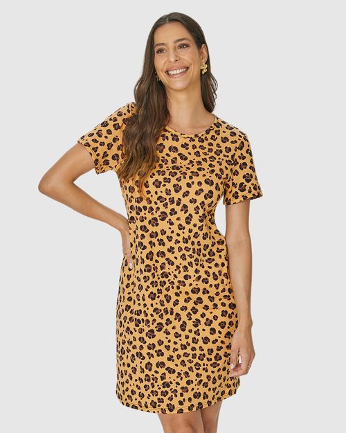 Vestido Feminino Estampa Animal Print Com Decote Redondo Em Algodão
