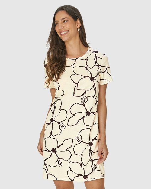 Vestido Feminino Estampado Com Decote Redondo Em Algodão