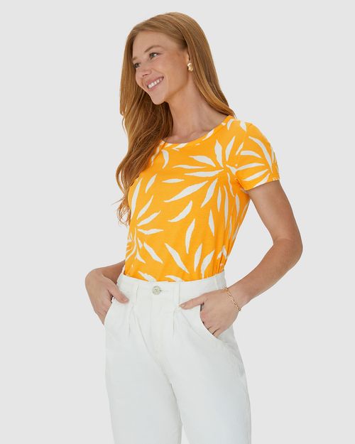 Blusa Feminina Decote Redondo Folhagem Em Algodão