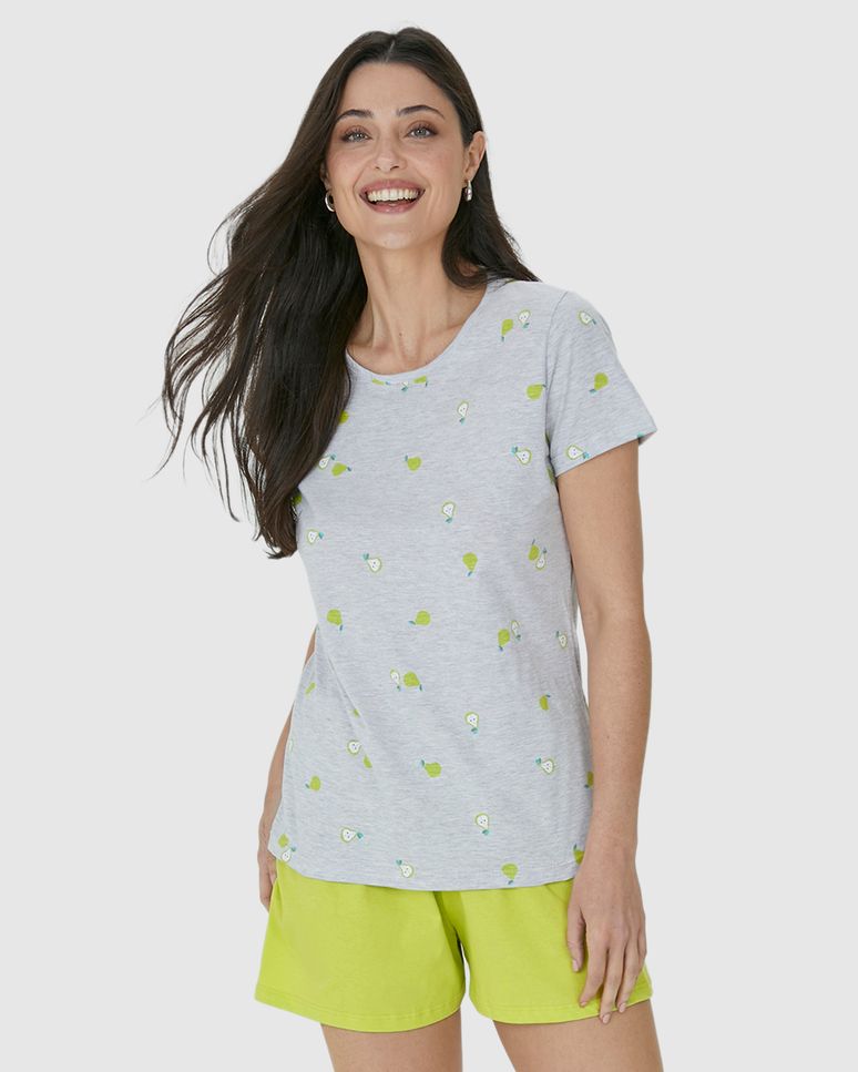 Pijama Feminino Manga Curta Estampa Frutas Em Algodão