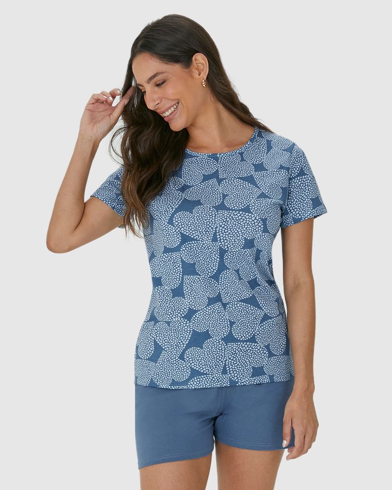 Pijama Feminino Manga Curta Estampa Corações Em Algodão