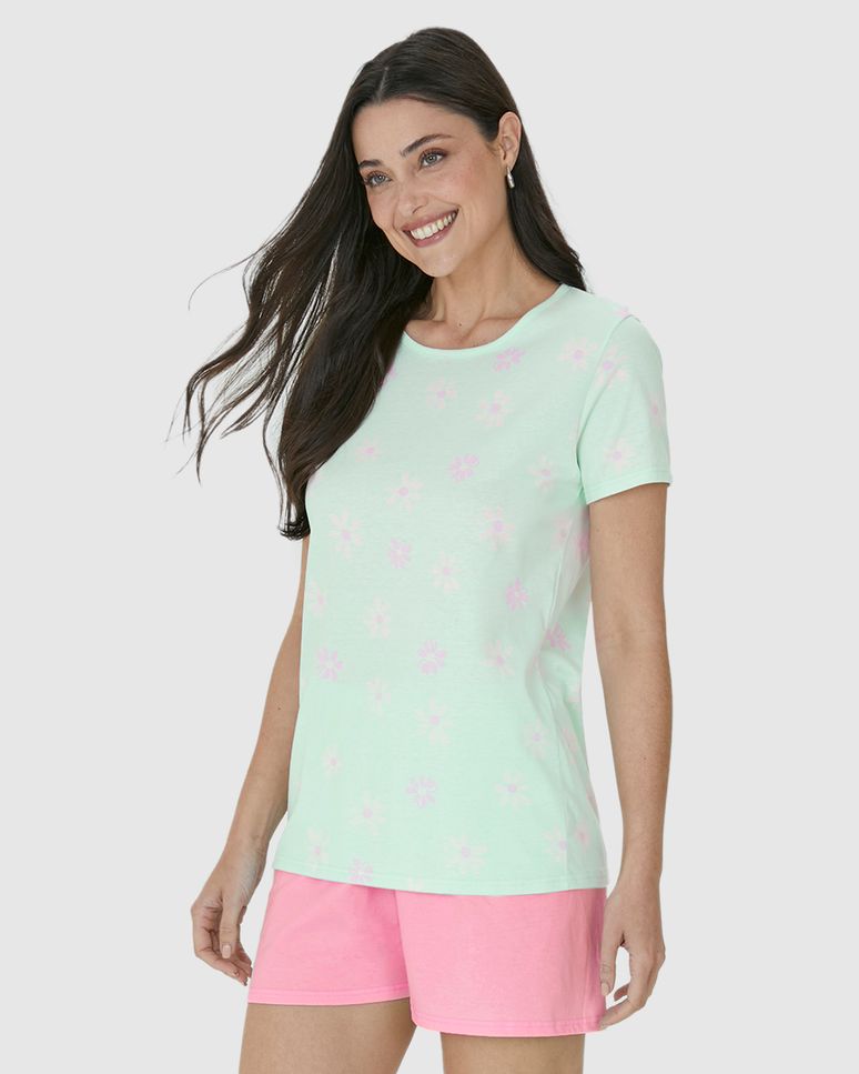 Pijama Feminino Manga Curta Estampa Flores Em Algodão