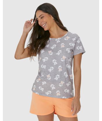 Pijama Feminino Manga Curta Estampa Cachorro Em Algodão