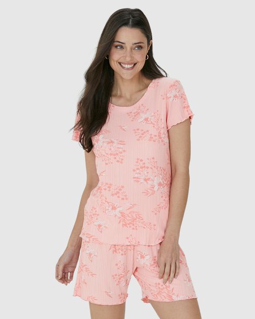 Pijama Feminino Estampado Com Barra Picot Em Malha Viscose Canelada
