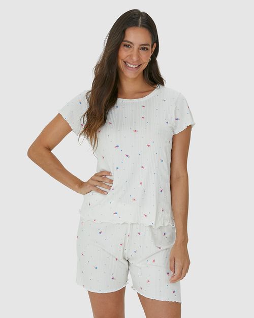 Pijama Feminino Estampado Com Barra Picot Em Malha Viscose Canelada