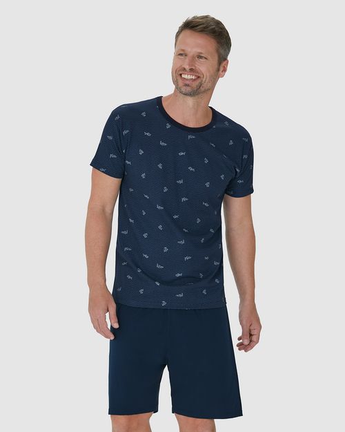 Pijama Masculino Camiseta Estampada Em Malha Mescla